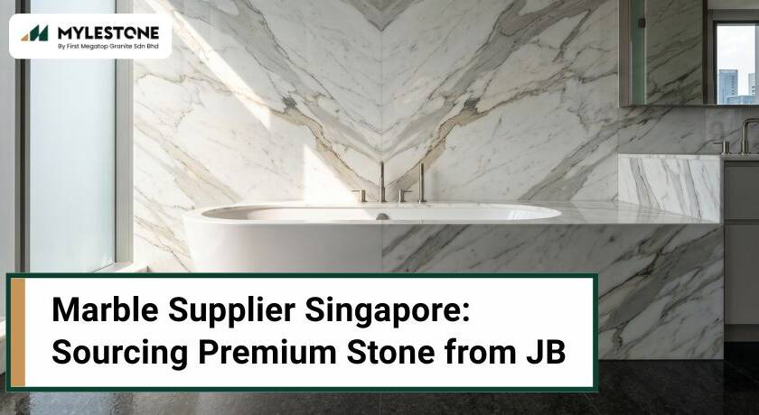 Modern Singapore bathroom with elegant bookmatched Calacatta marble walls, a sleek bathtub, and polished stone floors.