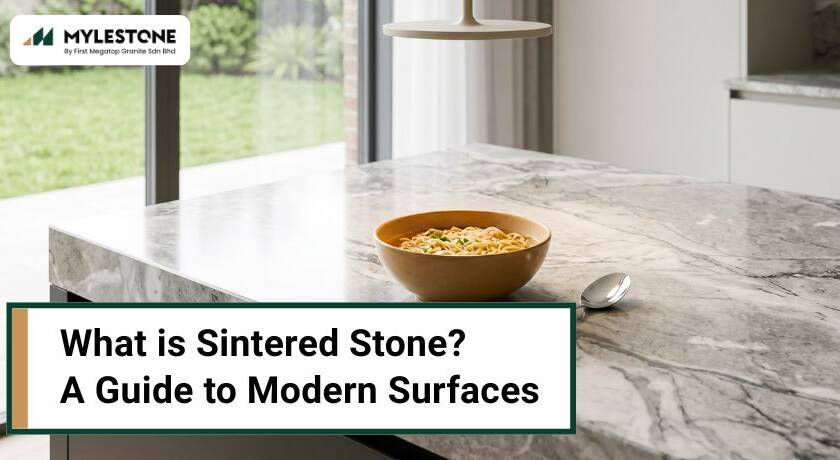 A high-angle shot of a luxury marble-patterned sintered stone kitchen island featuring a warm bowl of noodles.