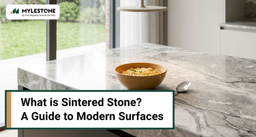 A high-angle shot of a luxury marble-patterned sintered stone kitchen island featuring a warm bowl of noodles.