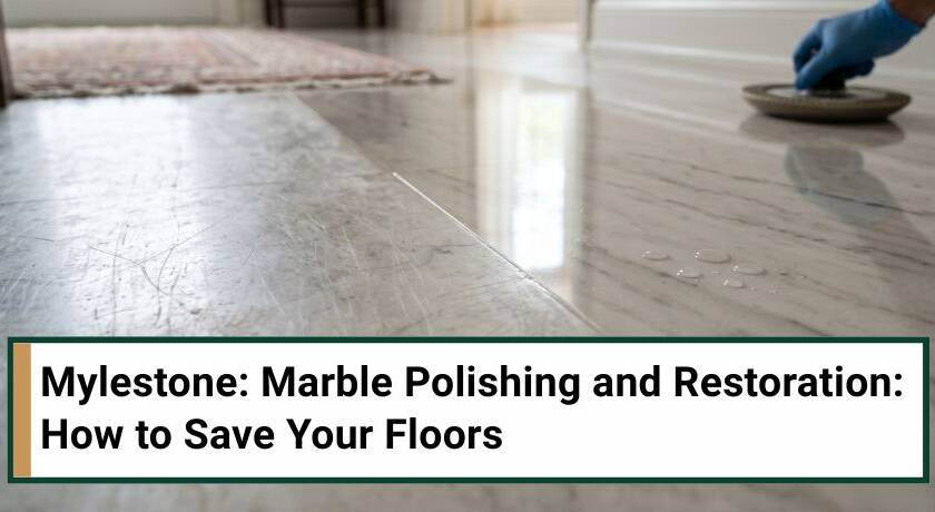 A split view of a marble floor showing a dull, scratched surface next to a highly polished, reflective finish.