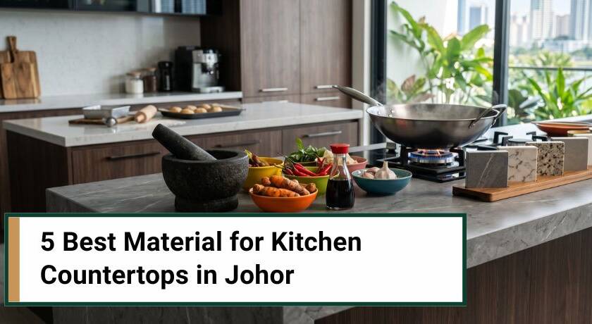 A modern kitchen countertop featuring a batu lesung, and colourful bowls of fresh spices