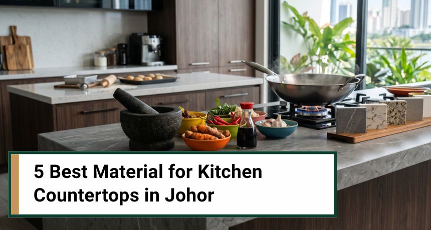 A modern kitchen countertop featuring a batu lesung, and colourful bowls of fresh spices