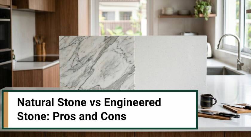 A side-by-side comparison of natural marble and engineered stone slabs displayed upright on a modern kitchen island.