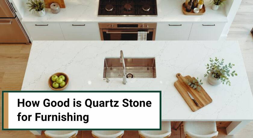 Overhead view of a modern kitchen island with a white marbled quartz countertop, undermount sink, and bar stools.