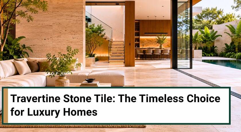 Bright modern minimalist living room with travertine stone flooring, neutral tones, natural light and seamless indoor outdoor design.