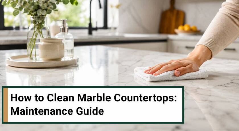 Person wiping a glossy marble kitchen countertop in a modern, sunlit kitchen with minimalist décor and greenery.