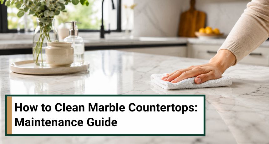 Person wiping a glossy marble kitchen countertop in a modern, sunlit kitchen with minimalist décor and greenery.