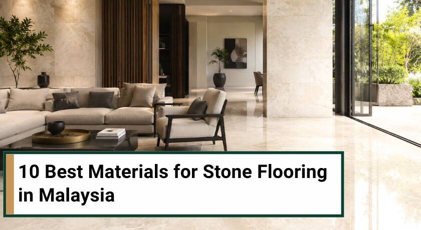 Modern Malaysian living room featuring elegant natural stone flooring, large windows, contemporary furniture, and abundant natural light