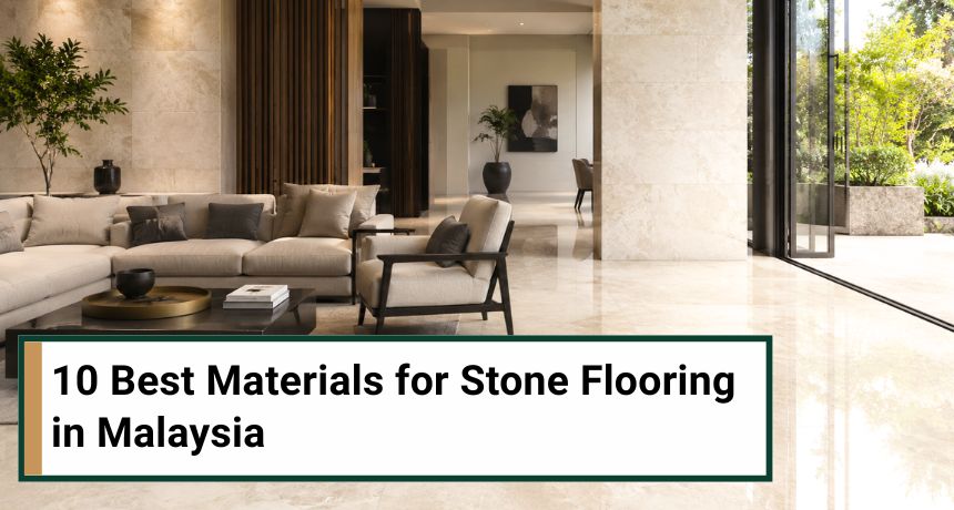 Modern Malaysian living room featuring elegant natural stone flooring, large windows, contemporary furniture, and abundant natural light