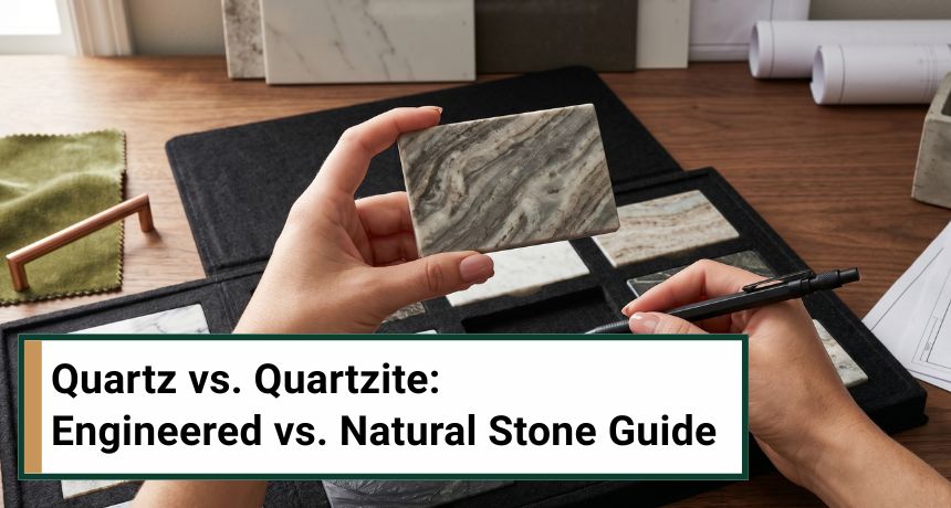 Designer's hands holding a veined stone sample over a display tray of countertop material swatches on a desk.