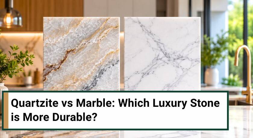 Modern kitchen featuring quartzite and marble countertops side by side, highlighting natural stone textures, veining, and luxury design.