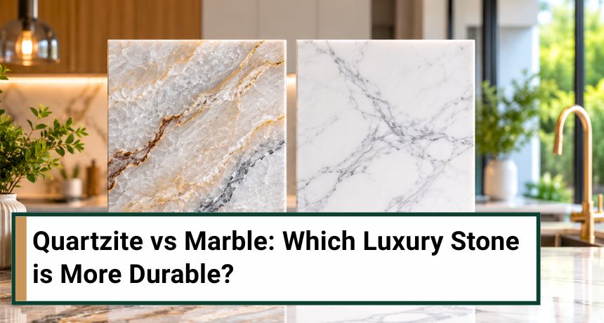 Modern kitchen featuring quartzite and marble countertops side by side, highlighting natural stone textures, veining, and luxury design.