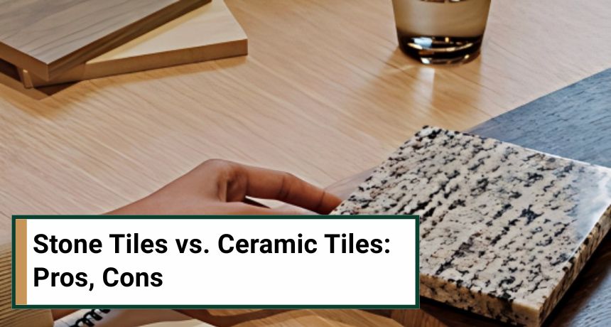 Hand examining a speckled natural stone tile sample on a wooden table with a comparison text overlay.
