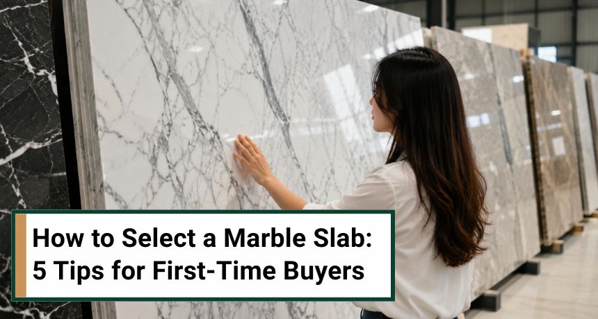 Woman inspecting a large white marble slab in a modern stone showroom with rows of premium natural stone displays.