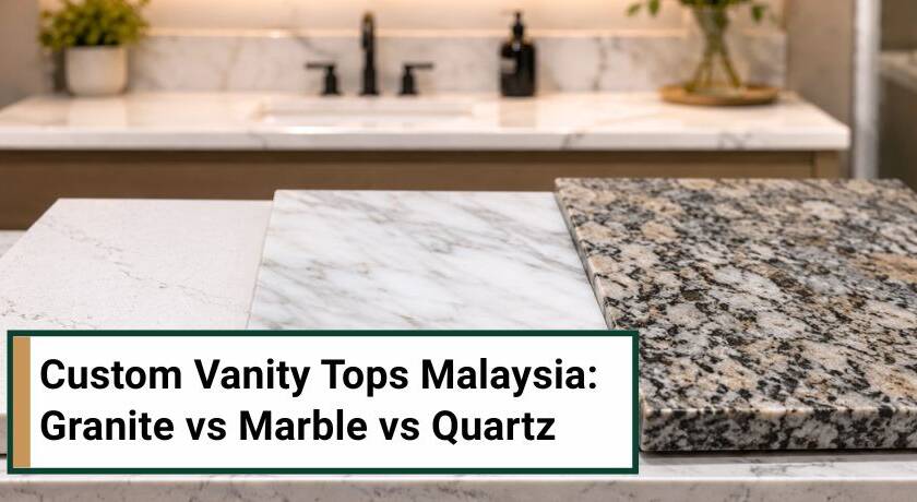 Modern Malaysian bathroom featuring a luxury custom quartz vanity top with a sleek undermount sink.