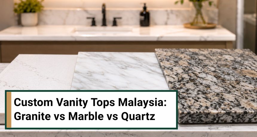 Modern Malaysian bathroom featuring a luxury custom quartz vanity top with a sleek undermount sink.