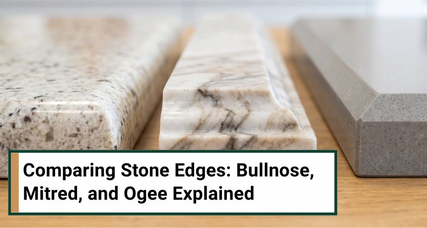 Three stone countertop samples side by side displaying bullnose, ogee, and beveled edge profiles on a wooden surface.